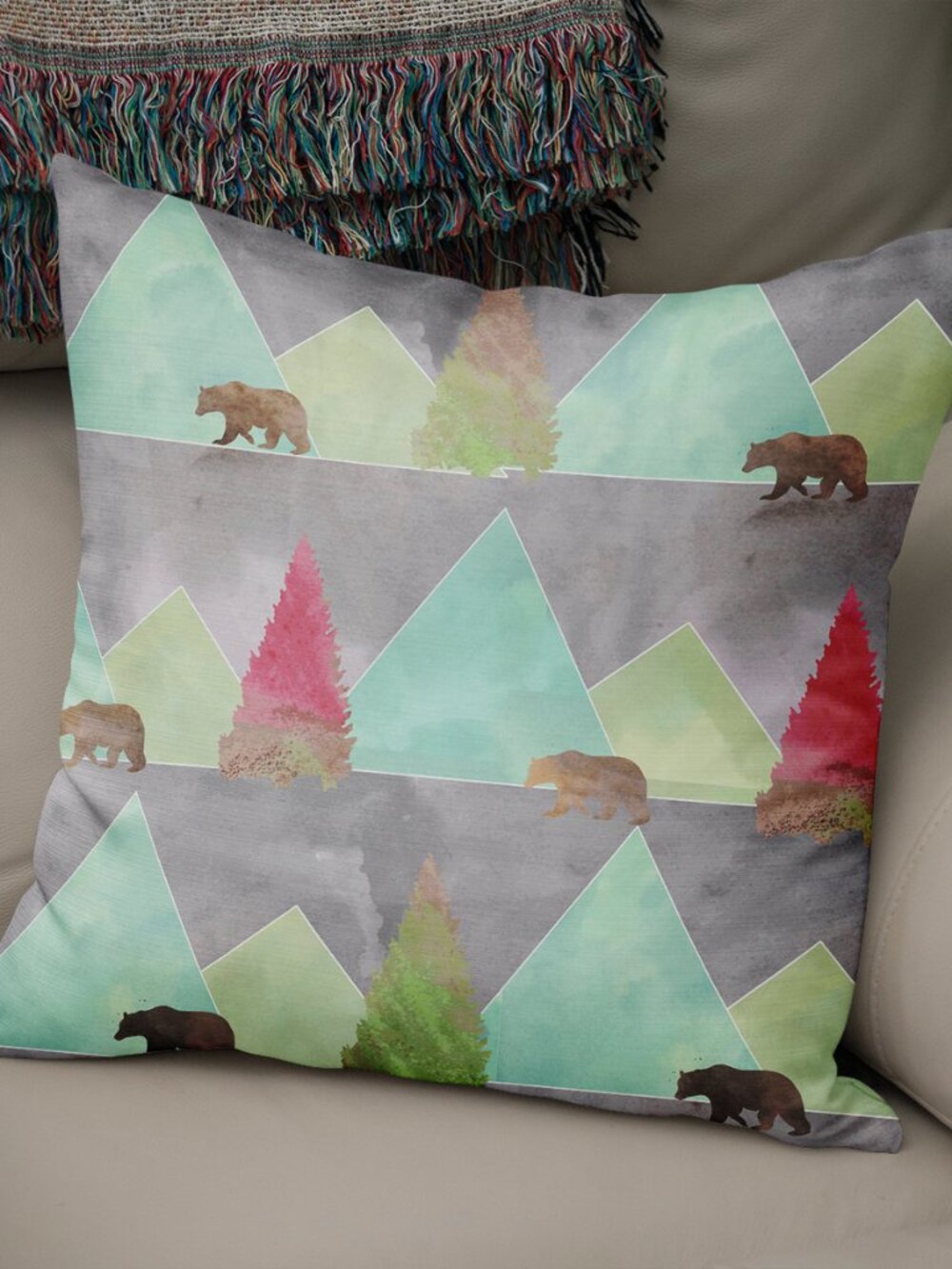 Mountains and Bears Throw Pillow, Rustic Cabin Decor 14x14